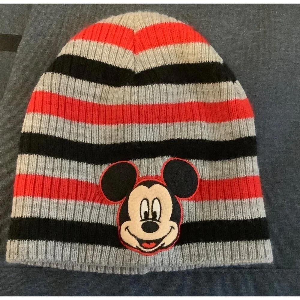 Mickey Mouse Striped Beanie‎ Hat For Kids Size 2T-5T Gray/Red/Black By Disney